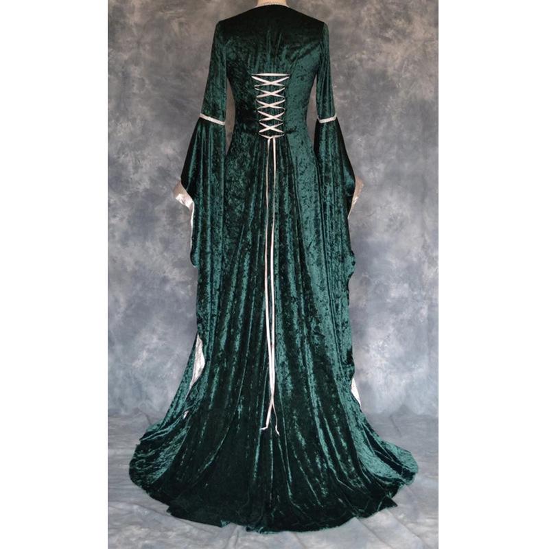 Vintage Gold Velvet Lace-Up Flared Sleeve Medieval Floor-Length Dress for Women