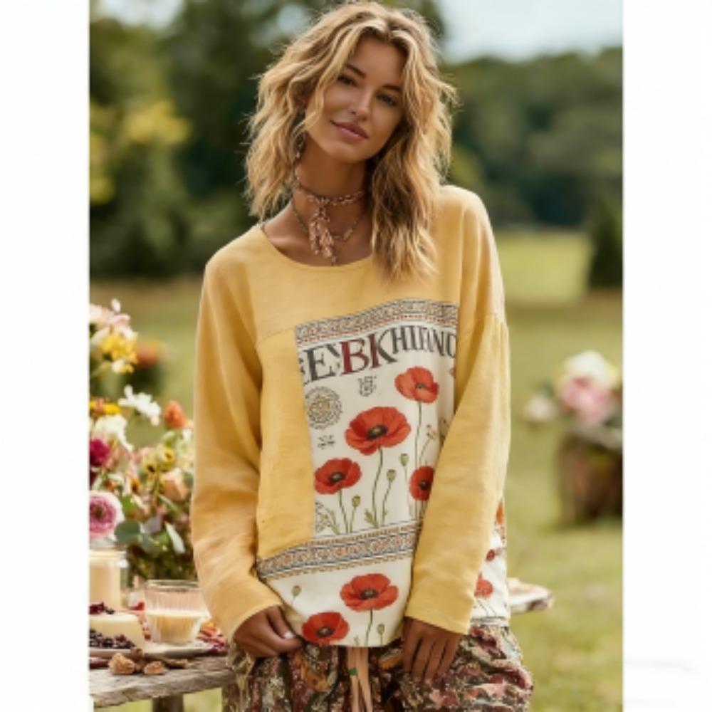 Spring Europe America Flower Print Fashion Splicing Colors Women s T-shirt Pullover Women Long Sleeve Clothing Outdoor Casual Tees Top S