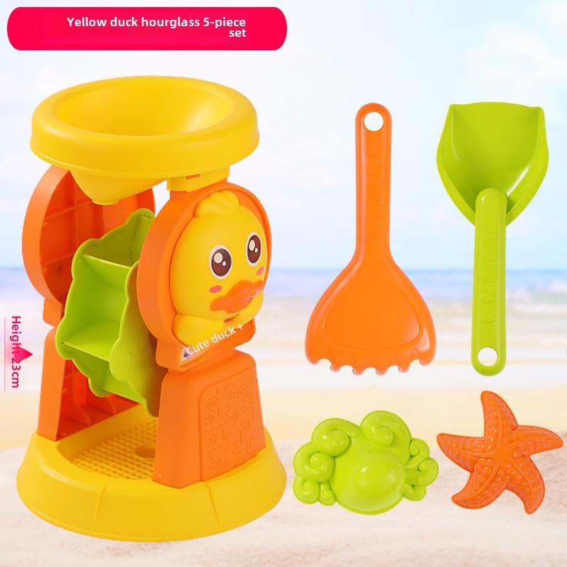 Strandspielzeug-Set für Kinder: Sandwerkzeuge, Sanduhr, Spielzeugauto und Eimer