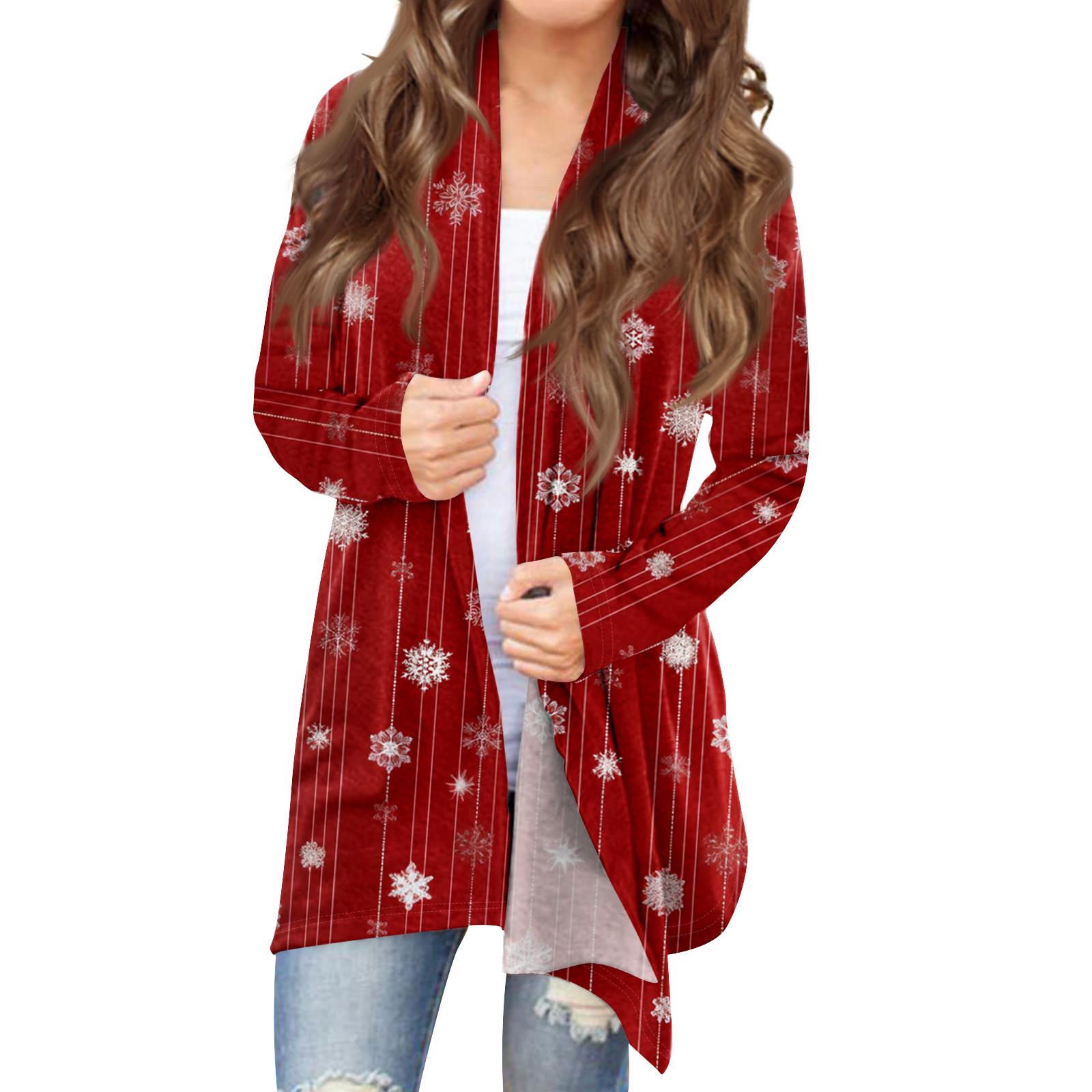 

Women s Fashionable Loose-Fit Casual Cardigan With Christmas Print Mid-Length Coat XL винный
