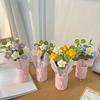 Handmade Crochet Flower Bouquet | Pink Vase, Crocheted Flowers, Fabric, Wrapping Paper & Ribbon | Perfect for Mother’s Day
