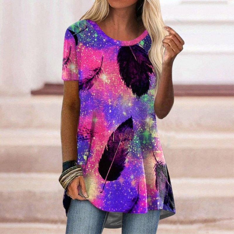 Women's Round Neck Short Sleeve Geometric Print Tunic Top Casual Asymmetrical Hem Blouse