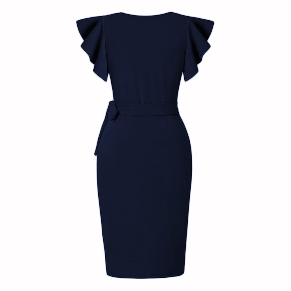 Women's Dress Temperament V-neck Waisted Drawstring Pleated Flared Sleeve Hip Package Slim Dresses