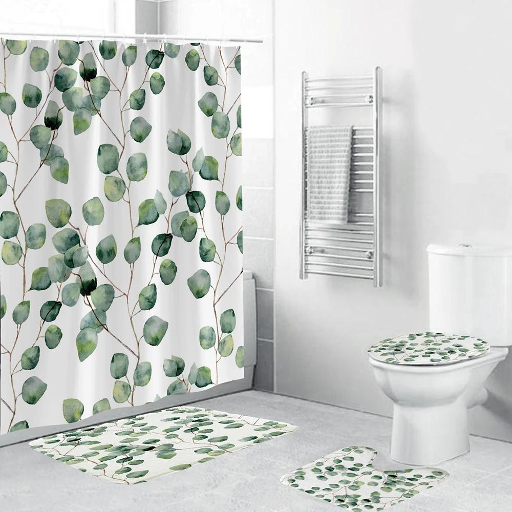 Tropical Green Plant Leaf Palm Cactus Shower Curtain Set Bathroom Curtain Anti-Slip Bath Mat Set Toilet Rugs Carpet Home Decor