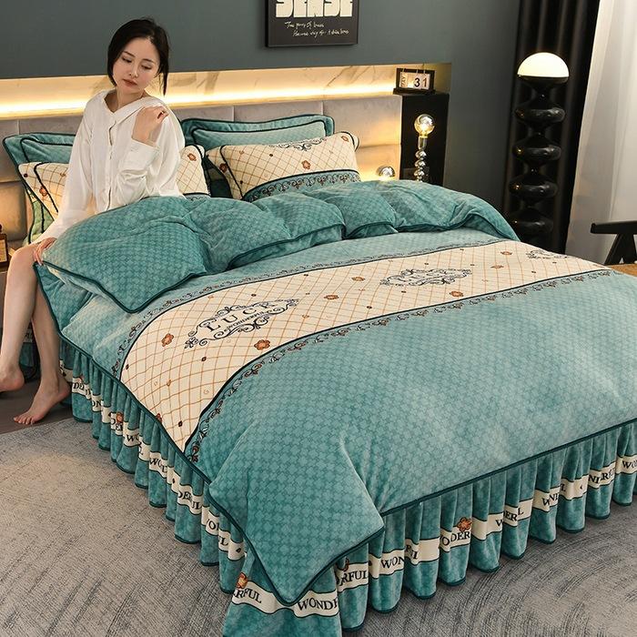Thickened Milk Fleece Four-Piece Warm Double-Sided Coral Fleece Quilt Cover Flannel Sheet Bed Skirt Bedding