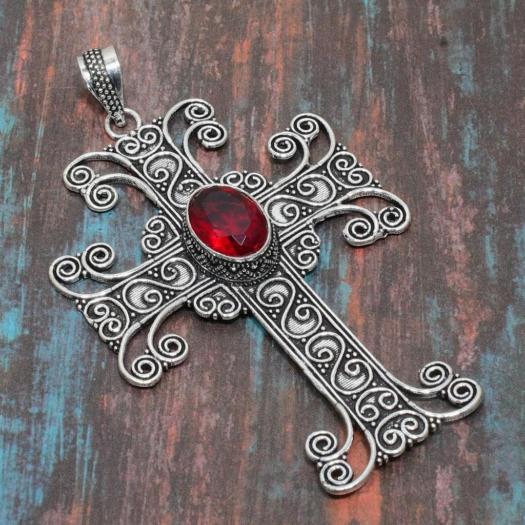Kříž Mosambik Granát Gemstone 925 Sterling Silver Ručně vyráběné šperky Přívěsek pro ni