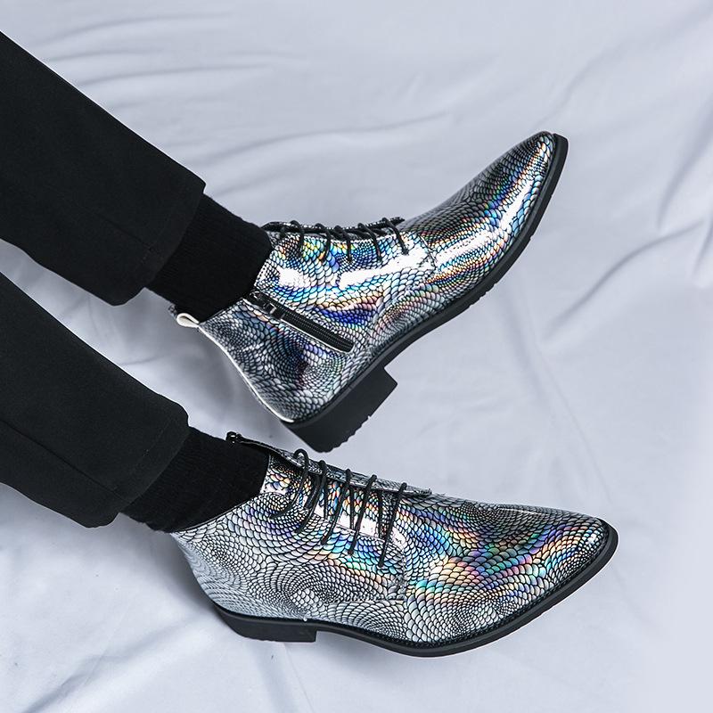 Western American Cowboy Boots New High-top Leather Shoes British High-top Leather Boots Autumn and Winter Green Pointed Leather Shoes