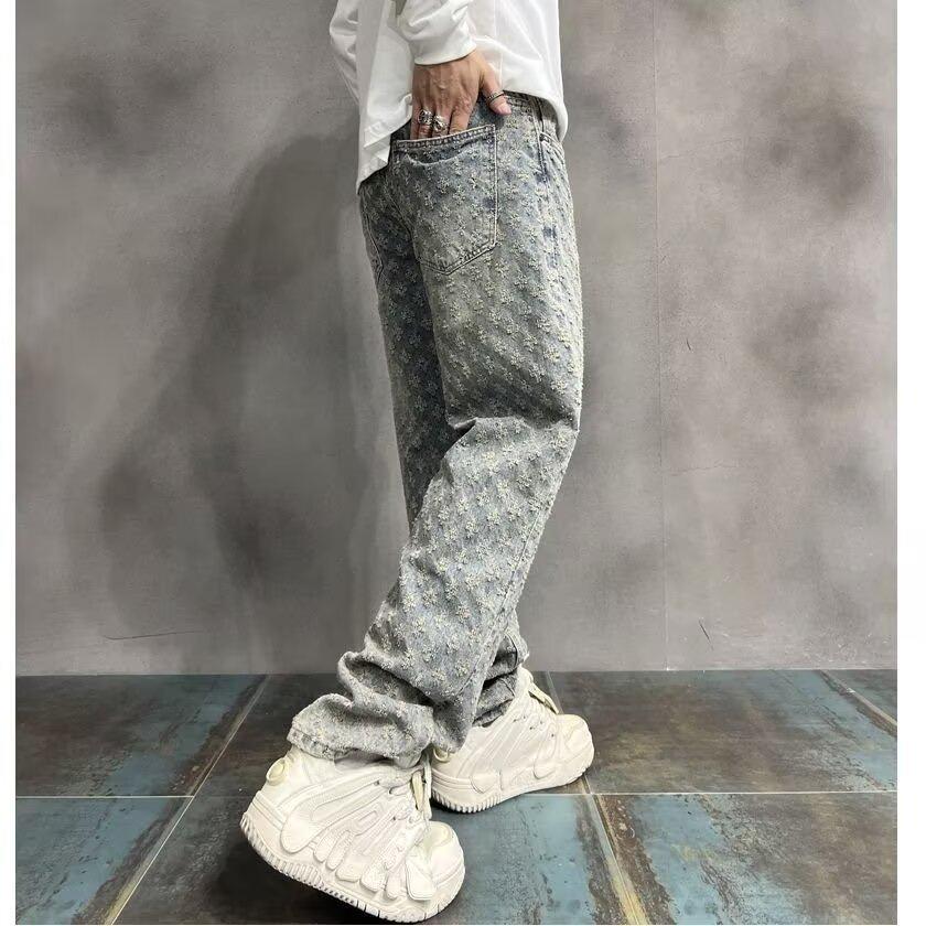 Winter Retro High Street Men's Full Print Jacquard Loose Straight-Leg Jeans