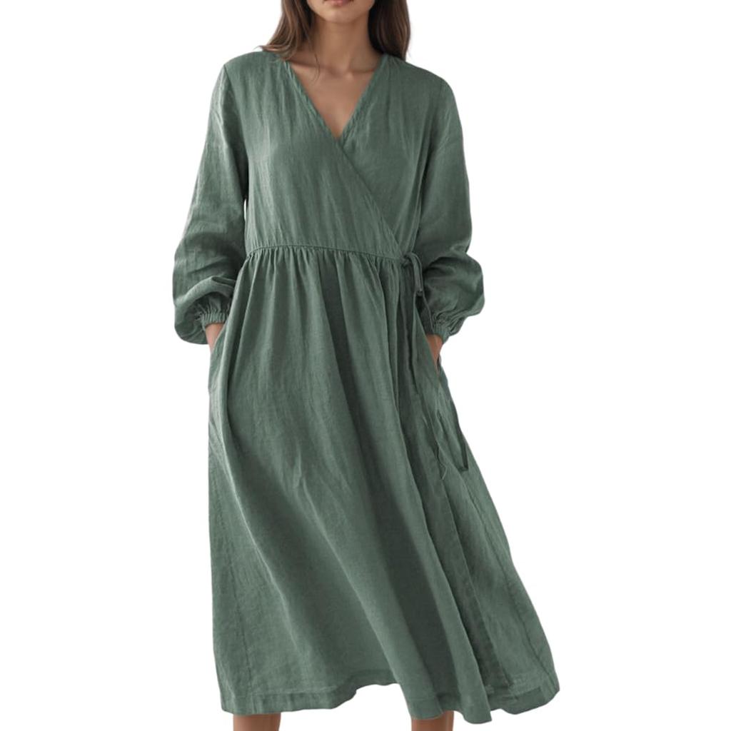 Modisches lockeres Damen-Freizeitkleid mit hohem Bund aus Baumwoll-Leinen-Mischung, langärmlig