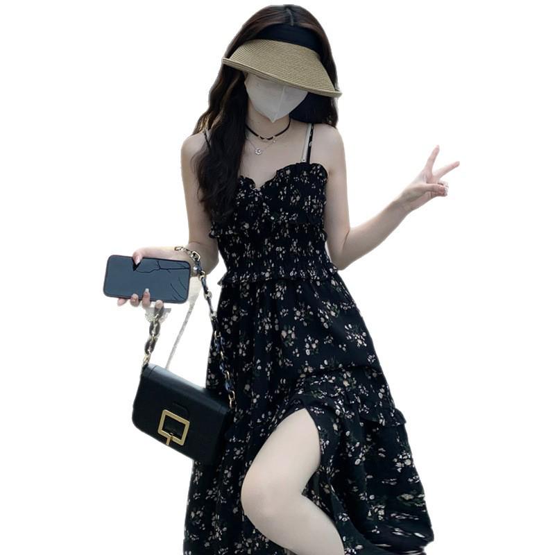 Women's Elegant Floral Spaghetti Strap Dress - Summer 2026 Design, Slimming Waist with Slit