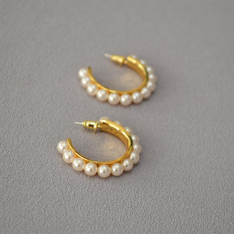 Elegant C-Shaped Gold-Plated Imitation Pearl Earrings with 925 Silver Post for Women