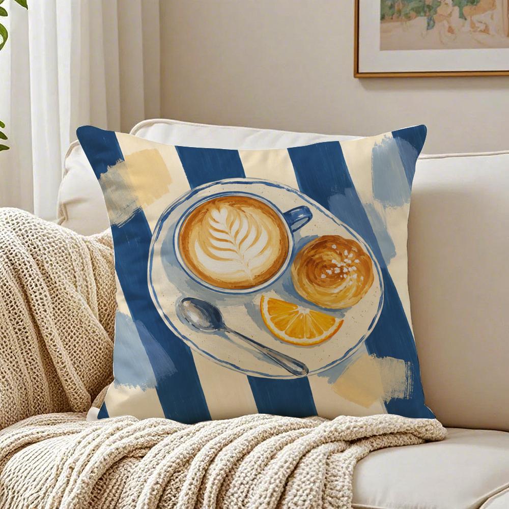 Gouache Painting Picnic Coffee Food Cushion Cover Breathable Cushion Covers Machine Washable Wrinkle-Resistant Soft Durable