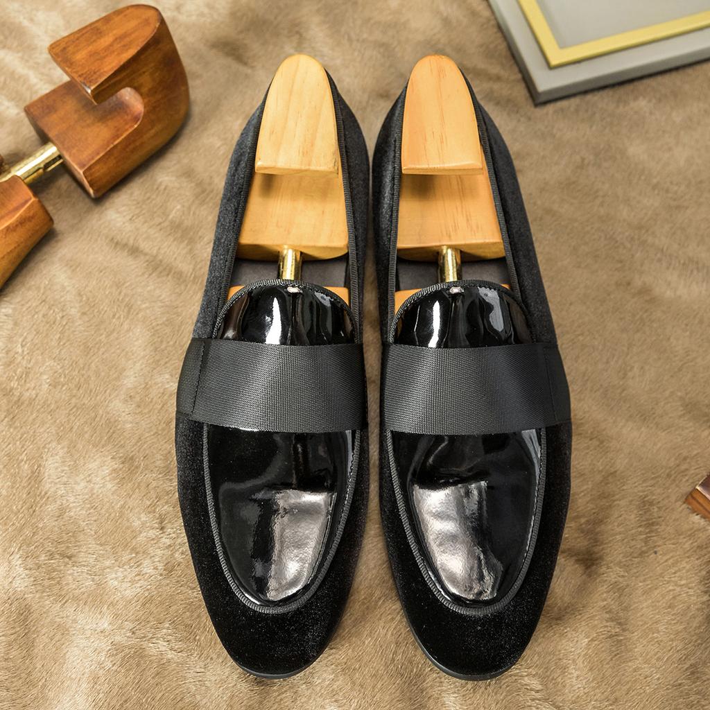 [Velvet + patent leather] Loafers business casual leather shoes men's round head men's shoes