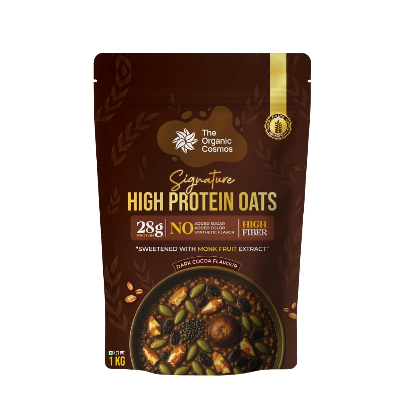 

The Organic Cosmos Signature High Protein Oats | 28g Protein | No Added Sugar | Dark Cocoa Flavour | Gluten Free | High Fiber | Sweetened with Monk
