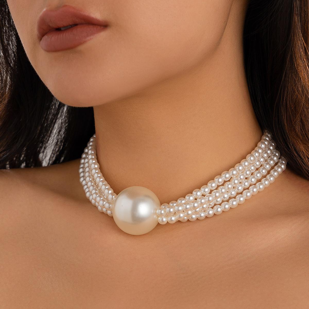 

Exaggerated Round Bead Pendant Collar Bone Necklace Women Hip Hop Trend Metal Multi-layer Pearl Necklace
