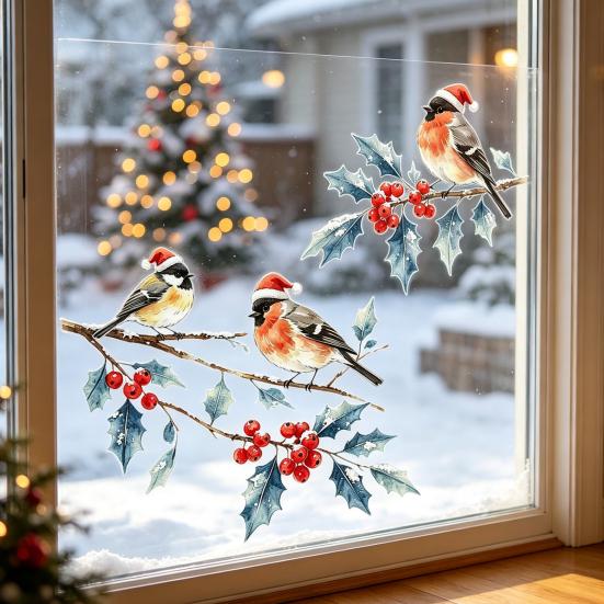 Indoor Outdoor Glass Stickers Christmas Watercolor Bird Window Sticker, Santa Hat On Beey Clings Branch Static Decal, Waterproof Cling for Holiday