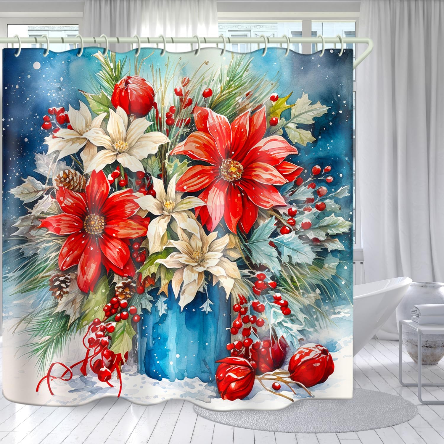 

Bathroom Using Red Flower 3D Shower Curtain, Luxury Bathtub Standard Shower Curtain, Waterproof And Bright Fabric Shower Curtain W60H190(CM)-1 Pcs