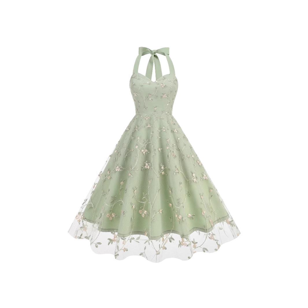 

European and American Sleeveless Spaghetti Strap Mesh Embroidery Evening Gown M абрикосовый