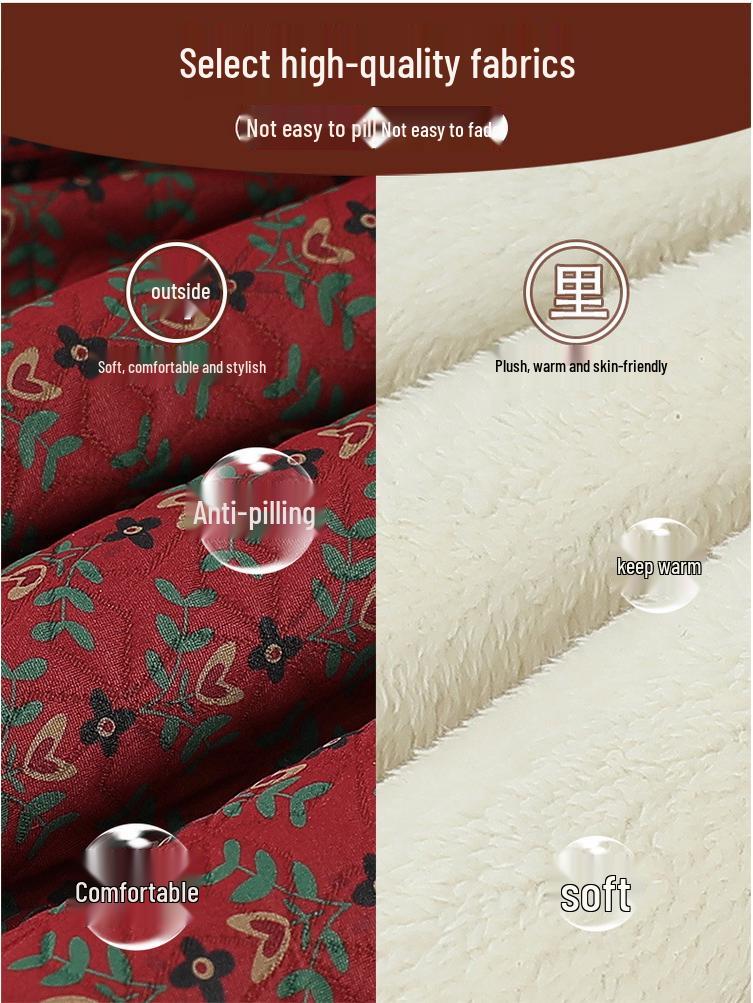 Floral Velvet-Lined Winter Coat for Elderly Women - Warm Cotton Jacket with Stand Collar