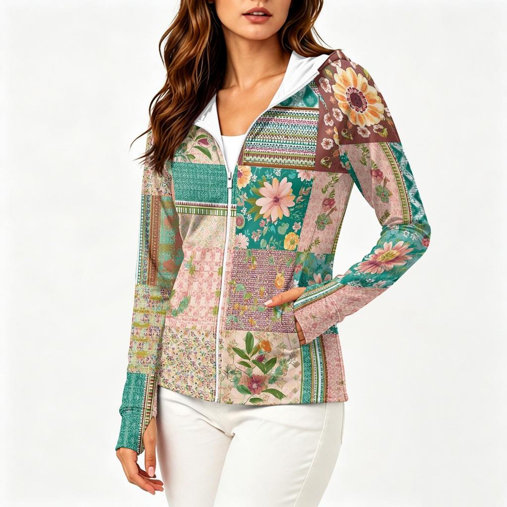 Women Lightweight Hooded Sun Protection Jacket Full Zip Long Sleeve Printed Pocket Outdoor Activewear Windbreaker