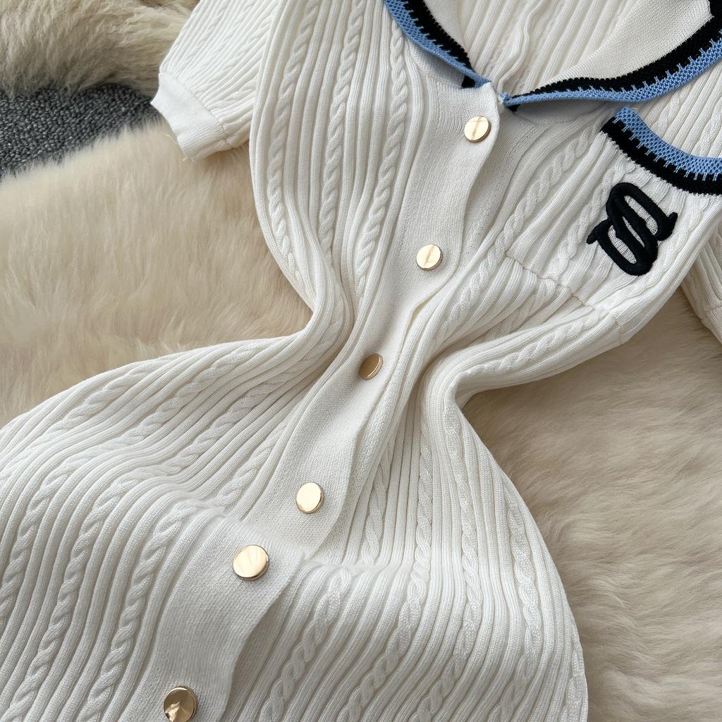 Sommer Damen Elegant V-Ausschnitt Designer Stickerei Buchstaben Strickpullover Einreihig Lange Midi Kleider