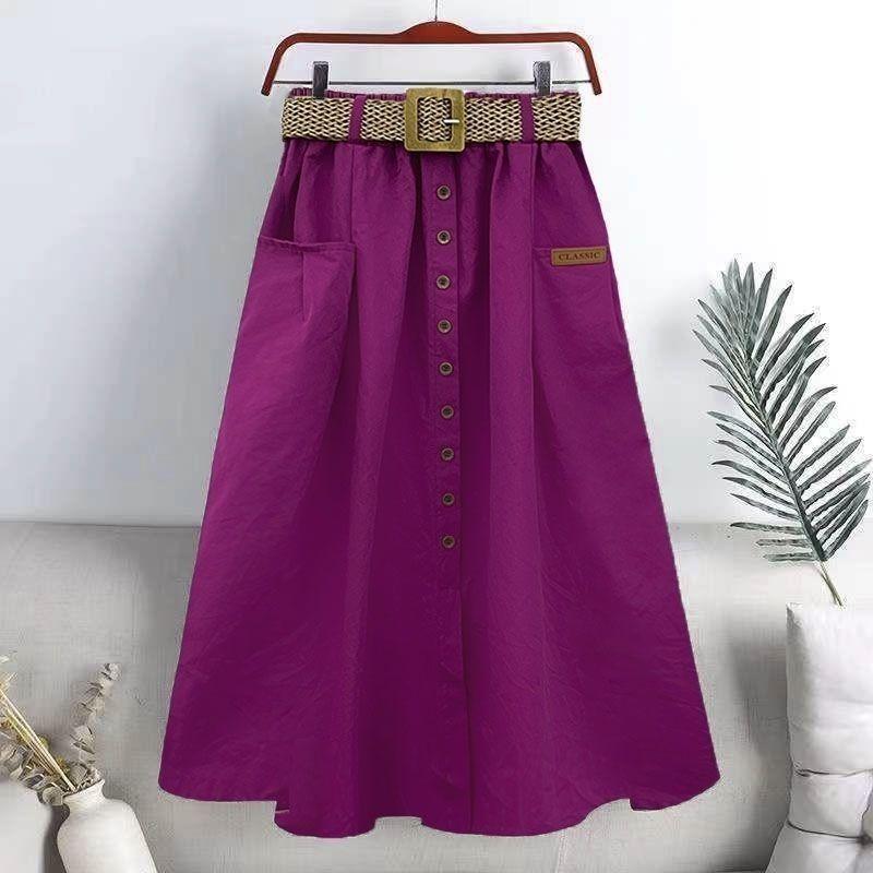 Women's Cotton Skirt Spring Summer Elasticated High-rise Skirt Split Midi A-line Skirt with Belt Pockets