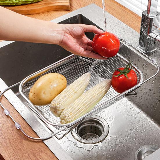 Stainless Steel Expandable Sink Colander with Mesh Design and Extendable Handles for Versatile Straining