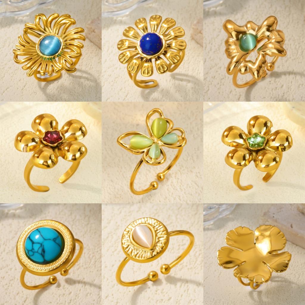 New retro natural stone zircon ring flower round opening stainless steel ring premium versatile jewelry