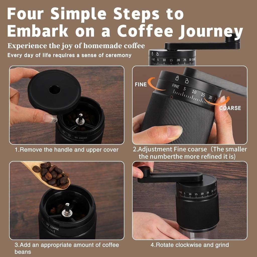 Protable Manual Coffee Grinder - 95 Ceramic Burr Adjustable Coarse to Fine 30g Beans & 80ml Powder Detachable Handle