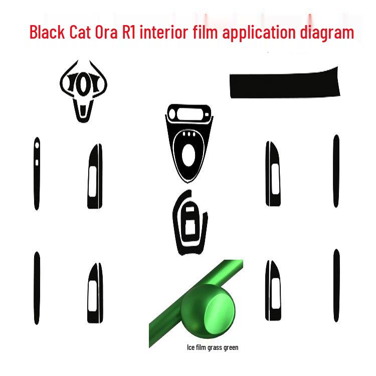 Carbon Fiber Interior Decor Stickers for Black Cat Ora R1: Central Control, Gear Position, and Door Panels