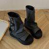 Trendy Black Retro British Style Platform Sandals Women's 2025 New Summer Thin Open-toed Casual Cowboy Boots