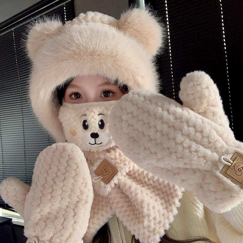 Bear Hat Scarf Integrated Women's Autumn and Winter Riding Cold Scarf Warm Ear Protection Cute Plush Gloves Mask