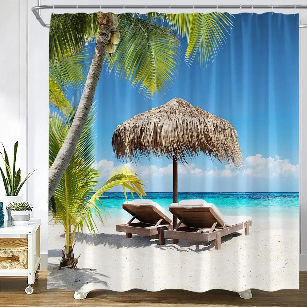 Dusk Sunset Beach Shower Curtains Tropical Ocean Palm Tree Forest Waterfall Nature Scenery Cloth Home Decor Bathroom Curtain Set