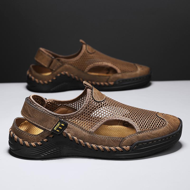 Men Sandals Leather Summer Casual Shoes for Man Slip On Outdoor Walking Shoe Hand Made Sandalias Breathable Mesh Soft Comfortabl