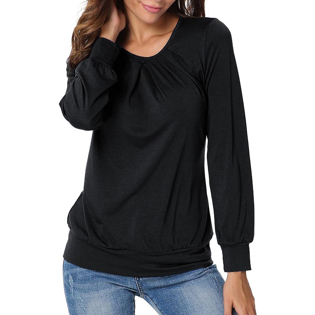 Women's Long-Sleeved Pleated Casual Stretch Tunic Top Shirts Spring