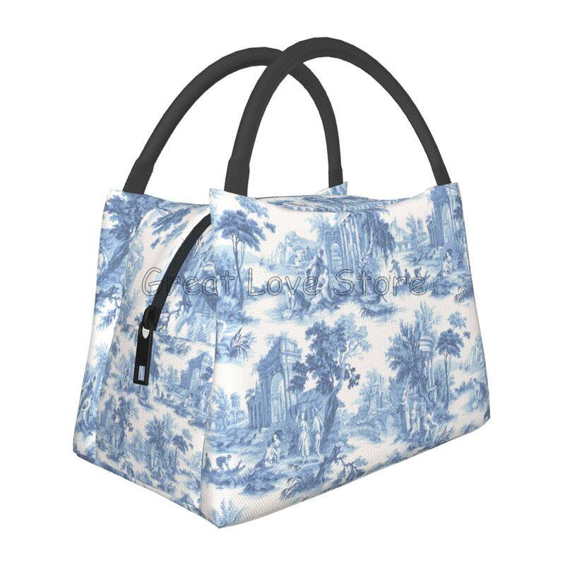 French Toile De Jouy Thermal Lunch Bag Unisex Portable Insulated Cooler Bento Tote Bag for Picnic Work Reusable Packed Lunch Box