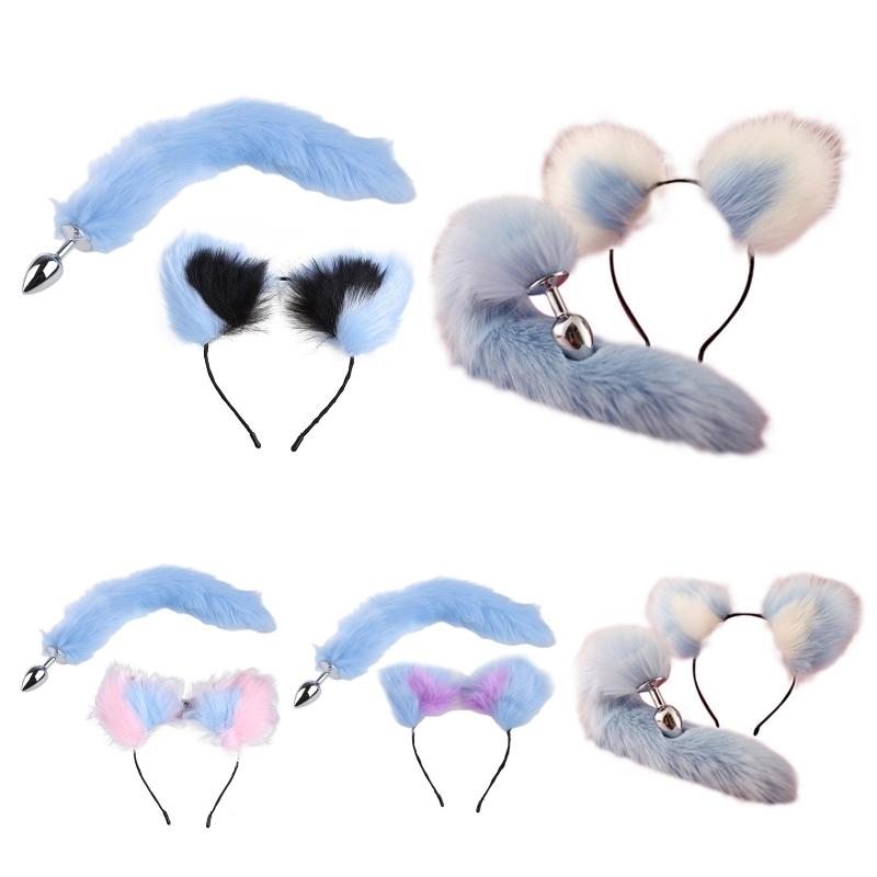 Metal Butt Plug with Fluffy Plush Animal Foxes Tail Ears Headband Set Cosplay Costume Props for Couples Game Sex Toy