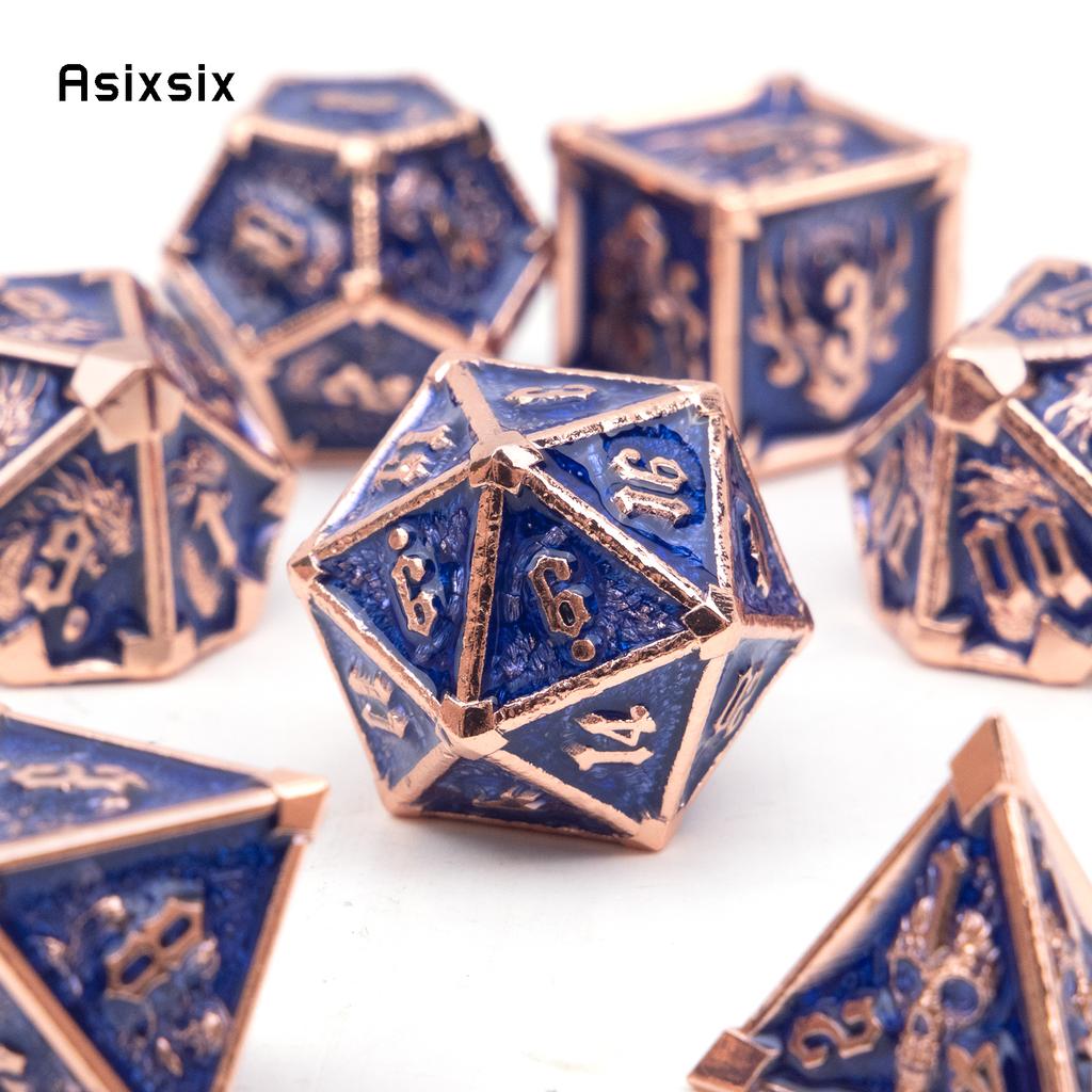 7 Pcs Dark Blue Skull Metal Dice Solid Metal Polyhedral Dice Set Suitable for Role-Playing RPG Board Game Card Game