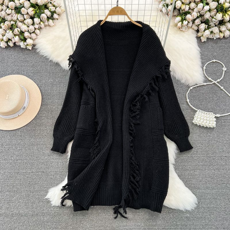 

Elegant Mid Length Long Length Tassel Sweater Casual Cape and Shawl Black All yards