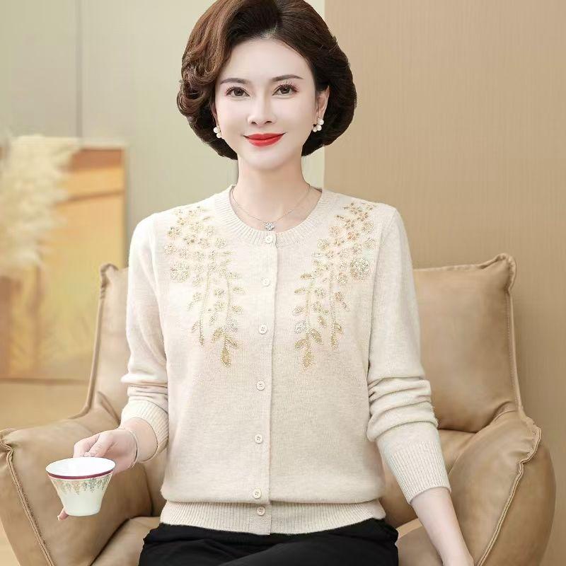Autumn Women's Wool Cardigan Embroidered Rhinestone Round Neck Knitted Cardigan Sweater