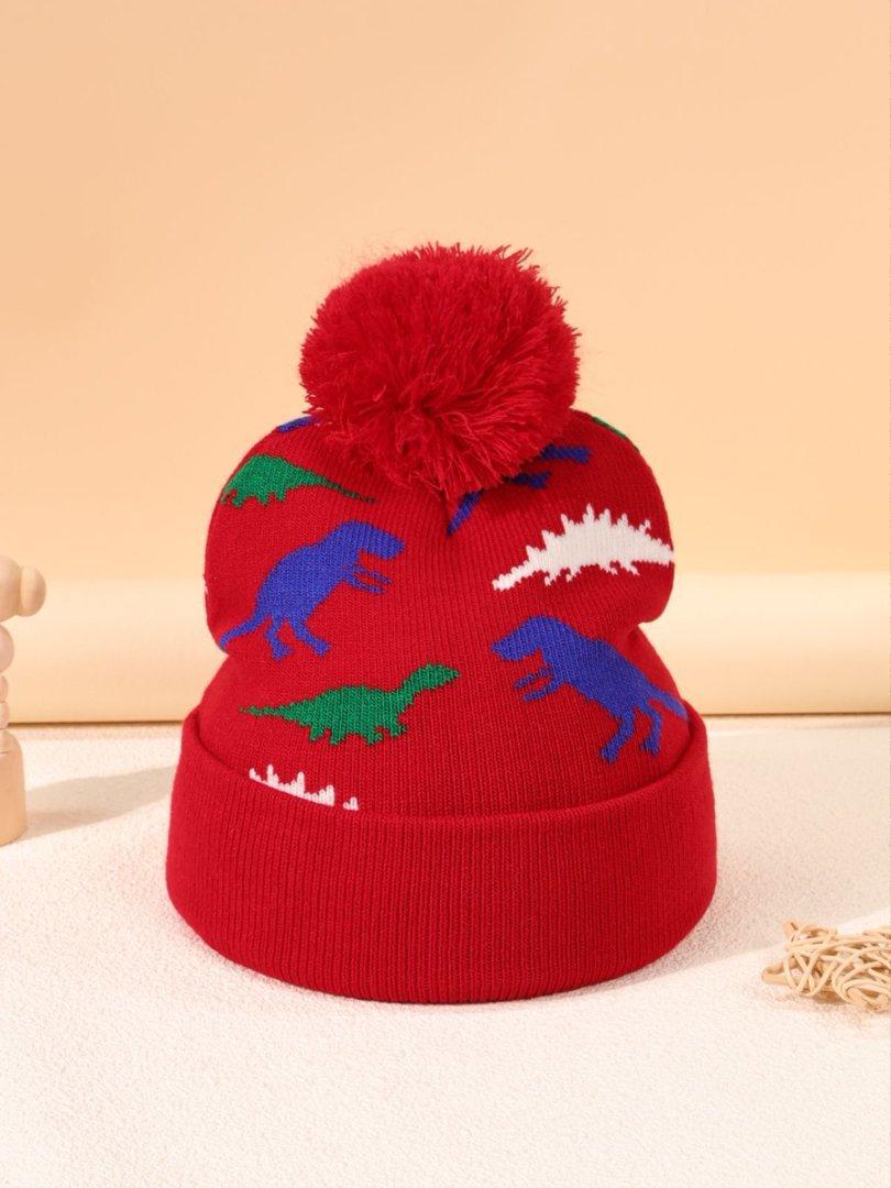 Children S Hats Autumn And Winter Boys And Girls Ear Protection Warm Wool Hats Dinosaur Jacquard Knitted Hats красный