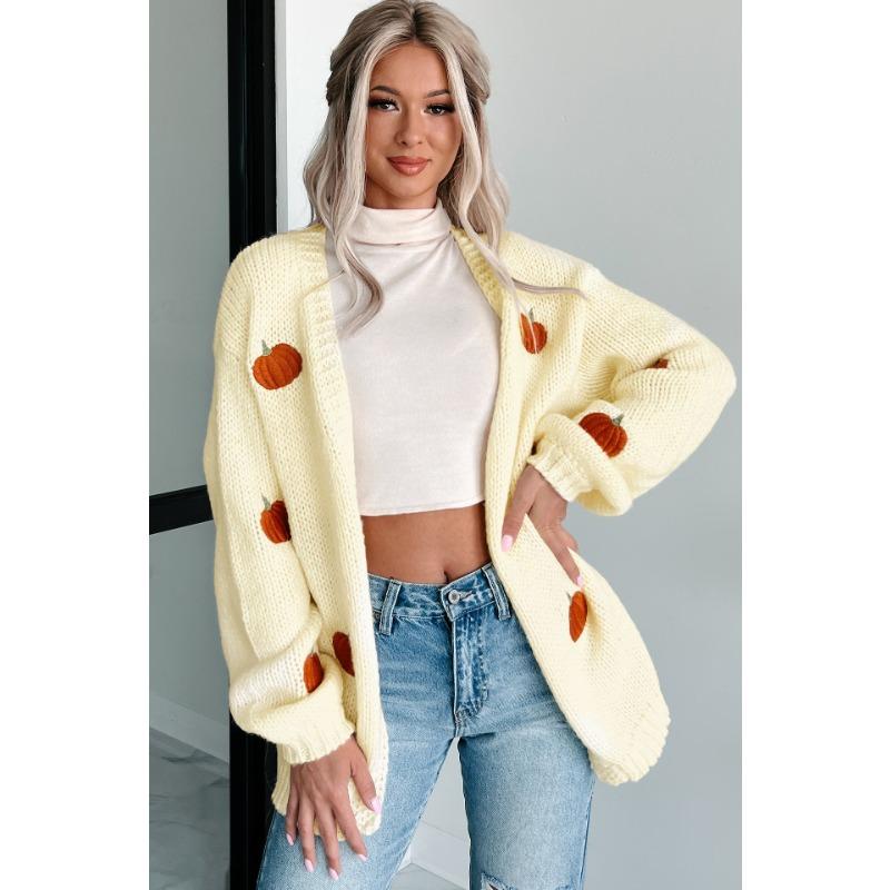 Women's Plus Size New Solid Color Embroidered Three Dimensional Cardigan Long Sleeved Sweater