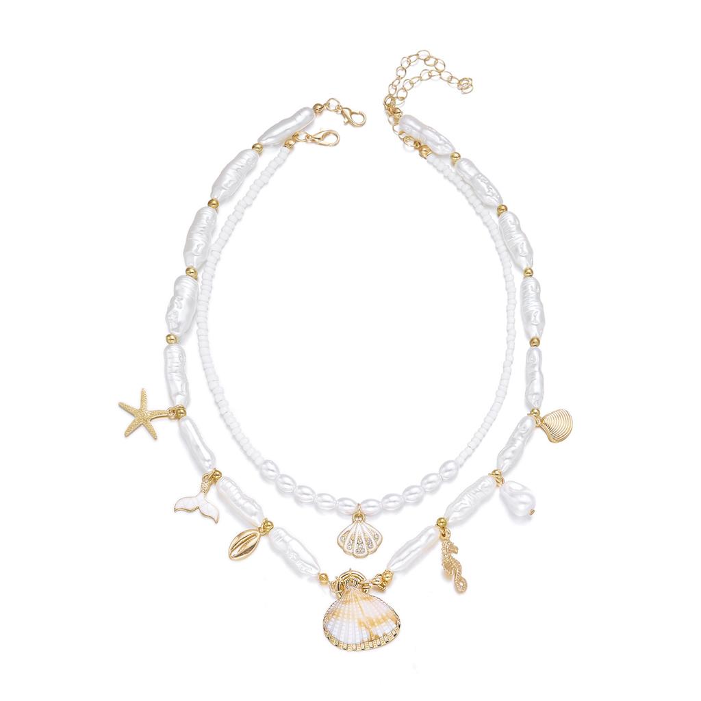 Vacation-style shell and starfish beaded multi-layered necklace, collarbone chain, beach vibe niche accessory