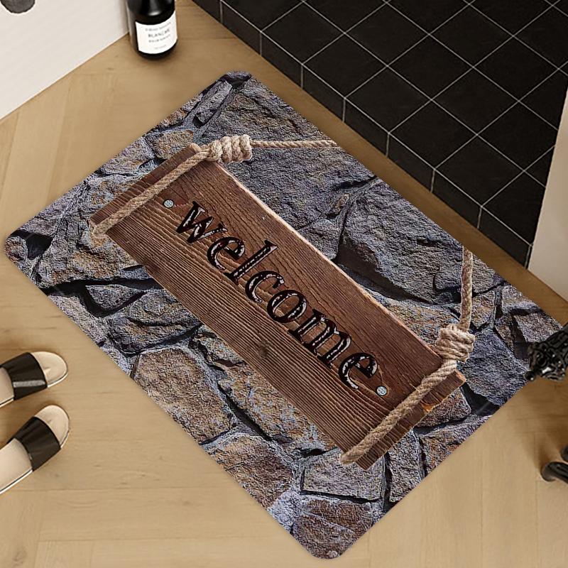 Stone and Letter Patterned Door Mat Velvet Rectangle Rug for Entrance Living Room Kitchen Bathroom Bedside Carpet Welcome Mat