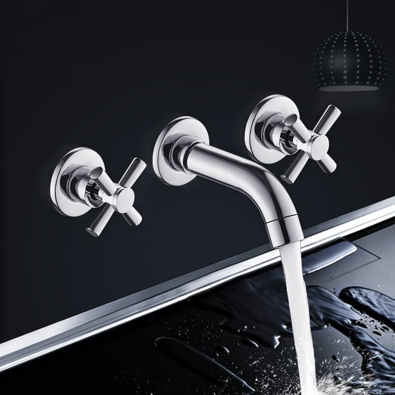 Copper In Wall Double Handle Three Hole Split Basin Faucet, Household Hot and Cold Water Concealed Bathroom Cabinet Faucet Three Piece Set