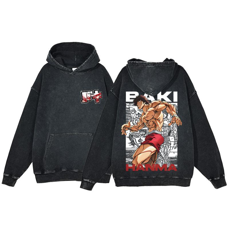 Hot Anime Baki Hanma Graphic Print Men Women Vintage Hoodies Washed Cotton Streetwear Harajuku Unisex Casual Loose Sweatshirt