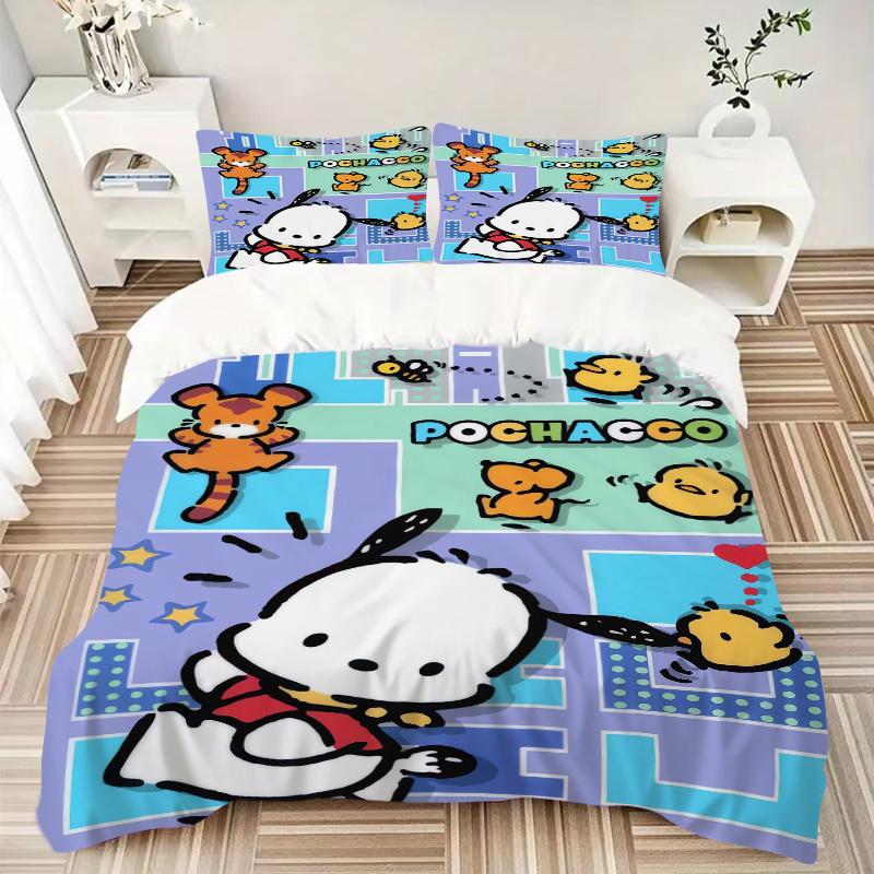 3pcs Lively Pochacco Printed Quilt Set Soft and Comfortable Quilt Cover for Bedroom, Guest Room Bedding Set  W056