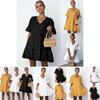Elegant Women V-neck Plain Smock Dress With Loose Fit And Short Sleeve Design
