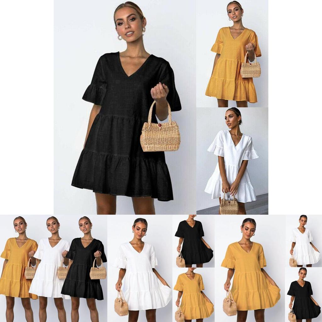 Elegant Women V-neck Plain Smock Dress With Loose Fit And Short Sleeve Design