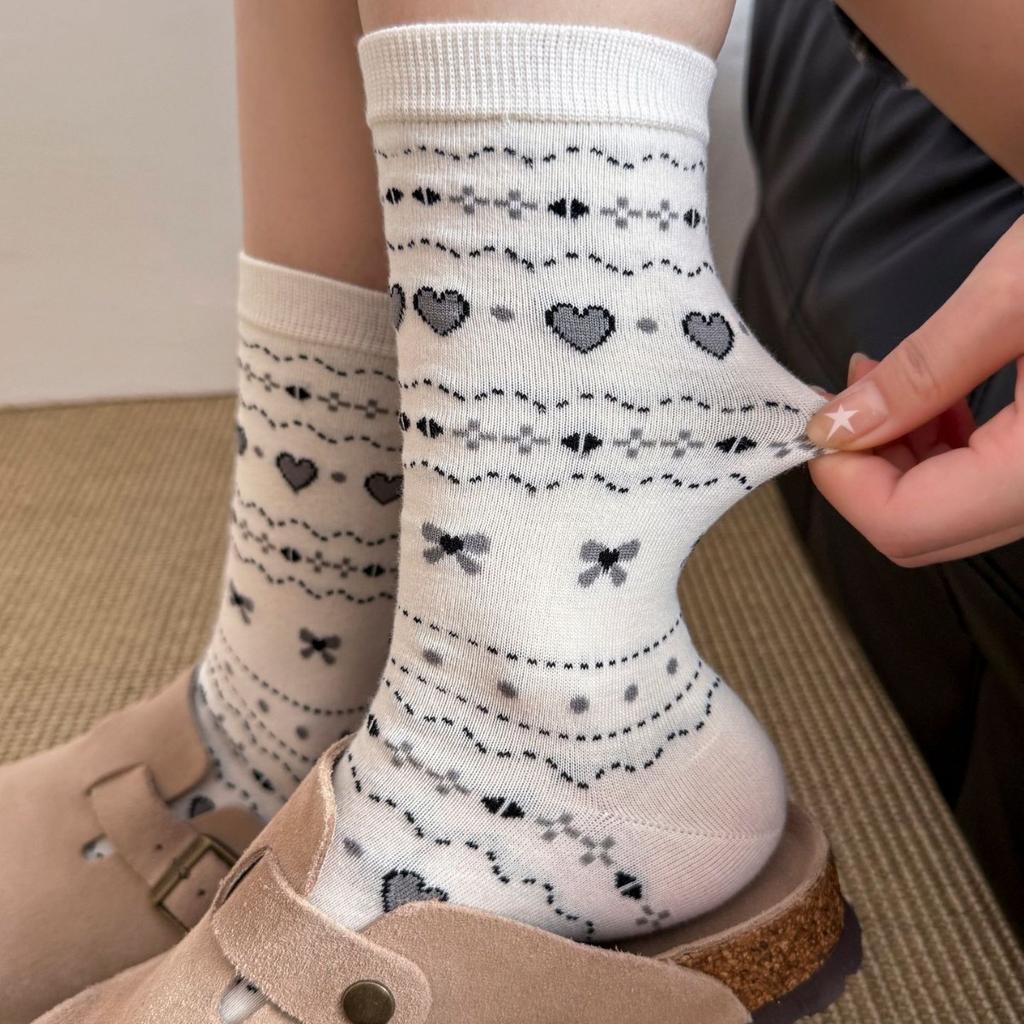 White Mid-Leg Socks, Style Bow Love Rolled Hemmed Cotton Socks, Korean Collegiate Style